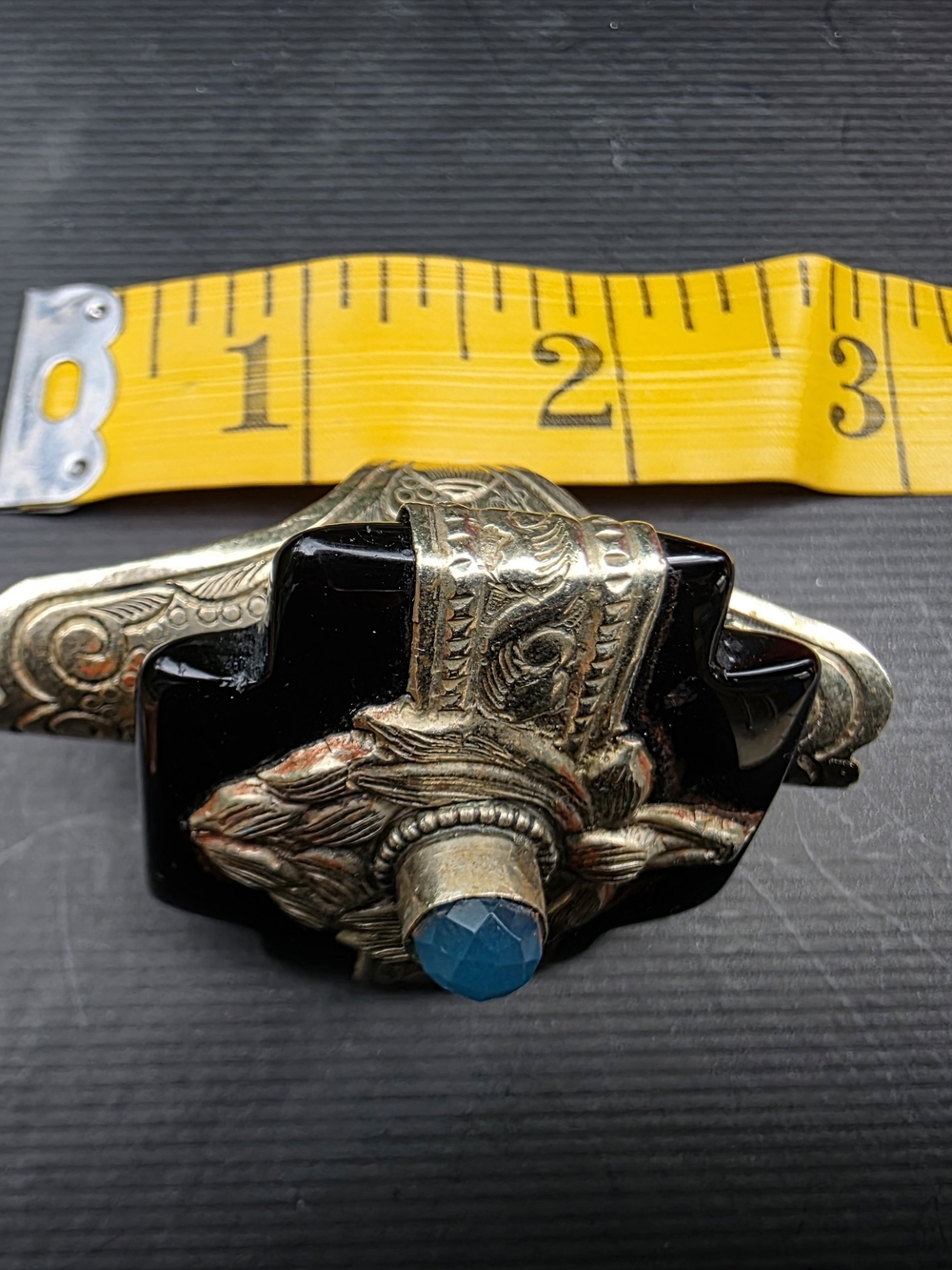 Vintage-Style Black and Silver Asian Tribal Ring with Blue Stone - Picture 2 of 2